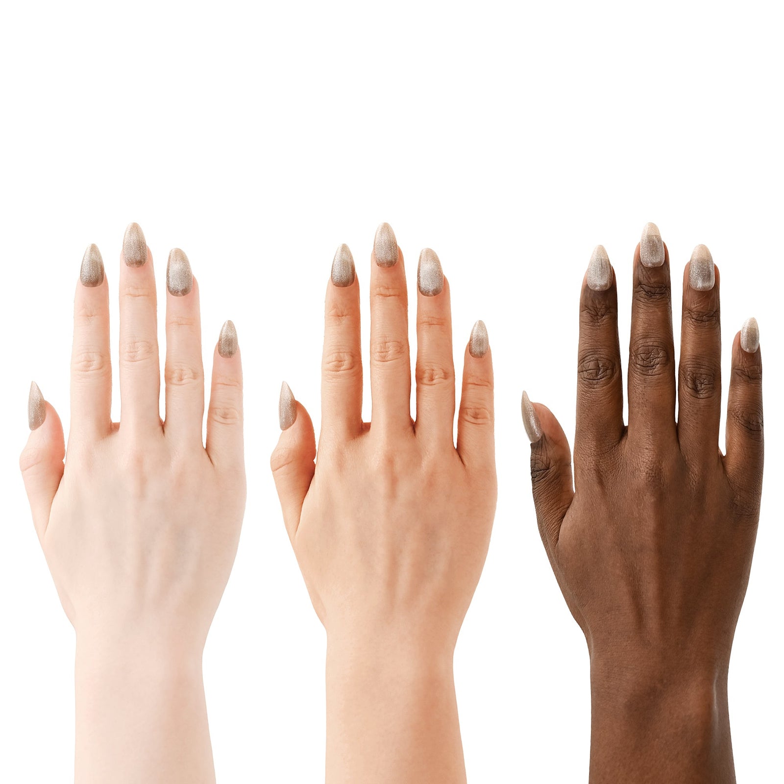 Three hands with manicured nails of different skin tones on a white background