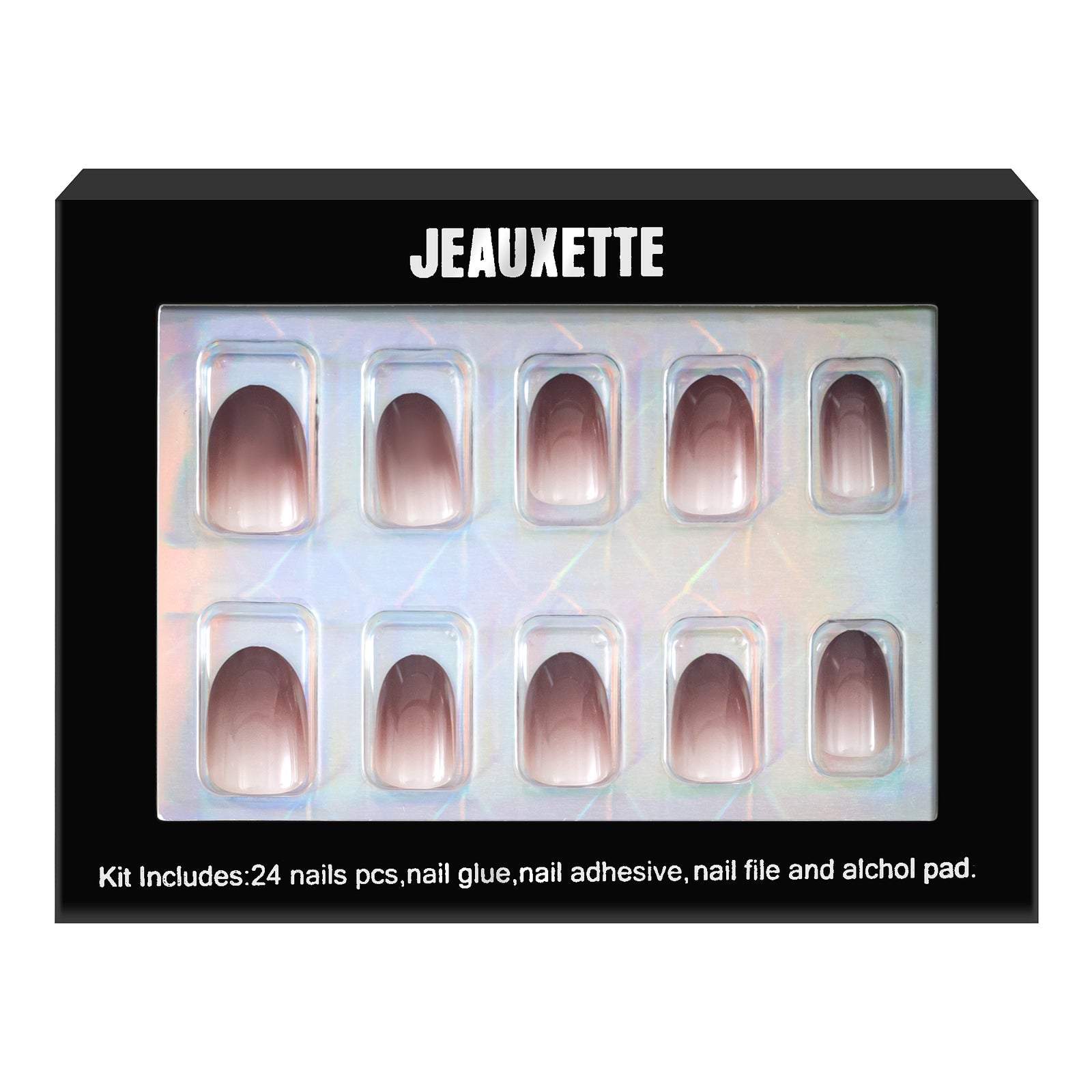 Box of Jeauxette nail art kit with 24 nails, glue, adhesive, file, and alcohol pad on a white background.