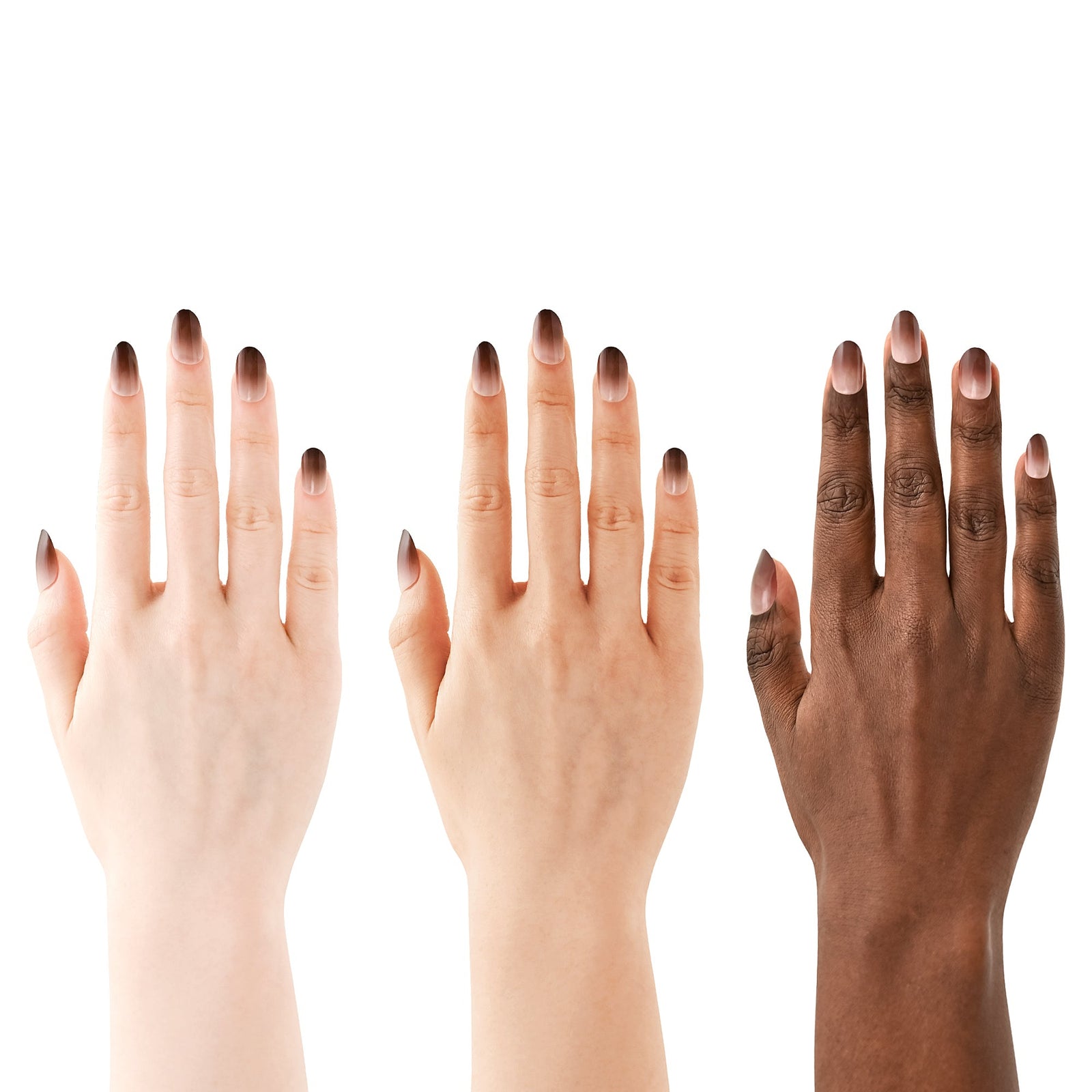 Three hands of different skin tones on a white background