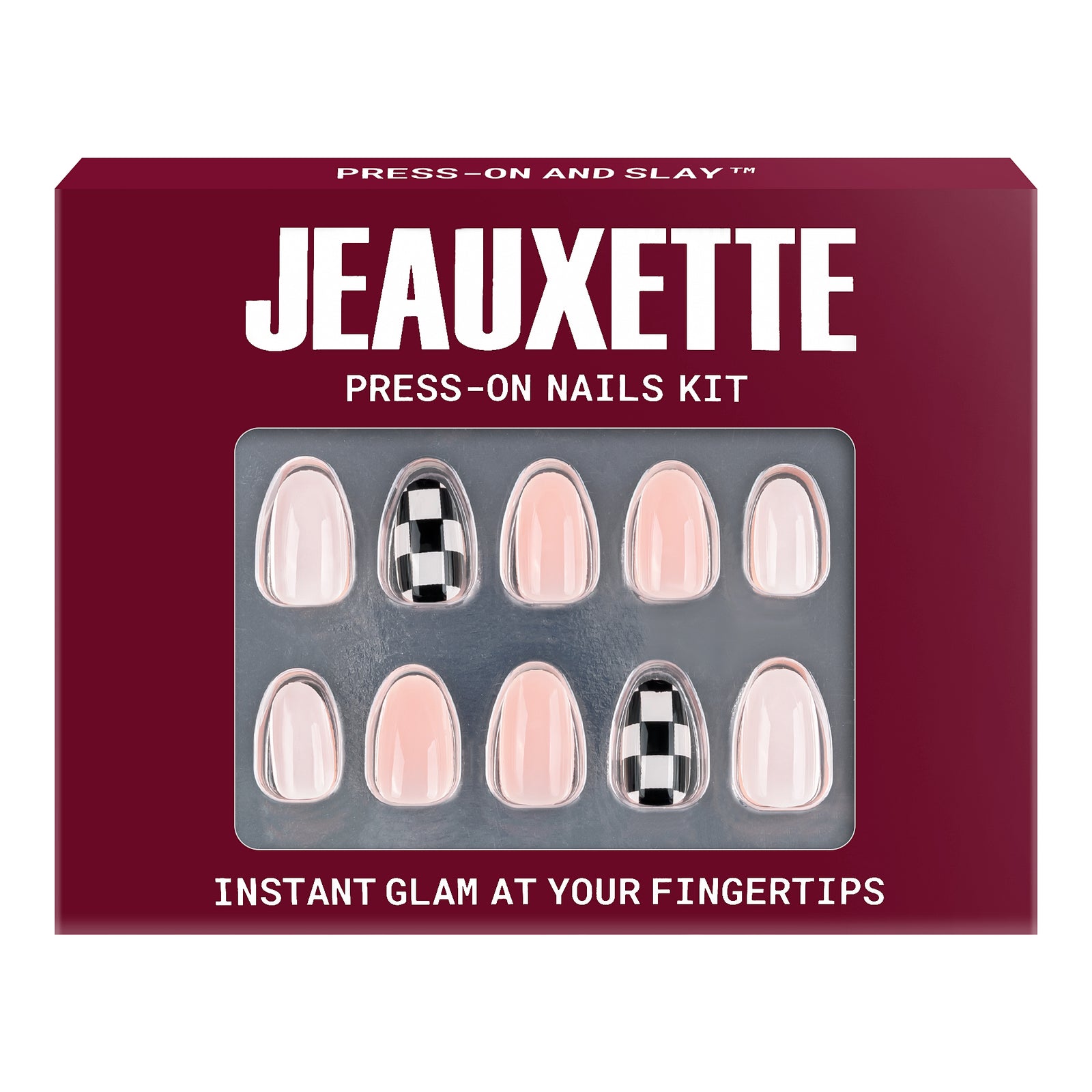 Jeauxette press-on nails kit packaging with nail samples on a white background