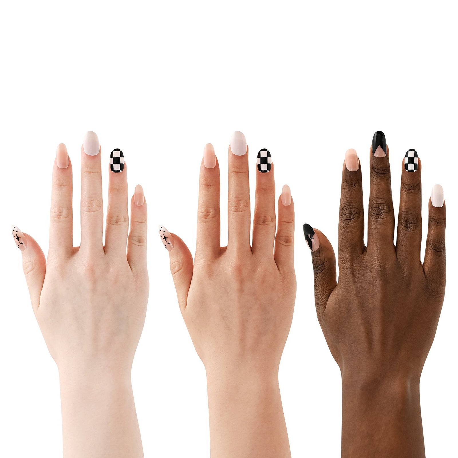 Three hands with black and white nail art on a white background