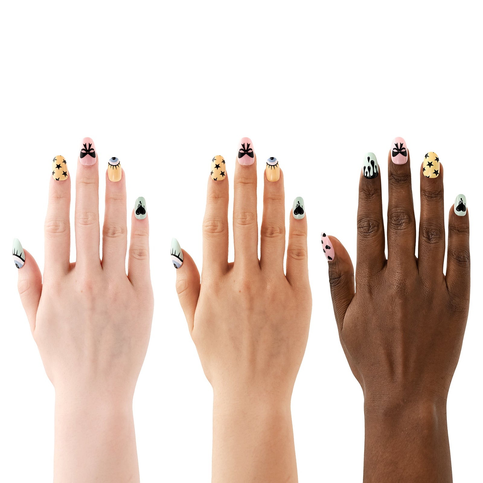 Three hands with variously designed false nails on a white background