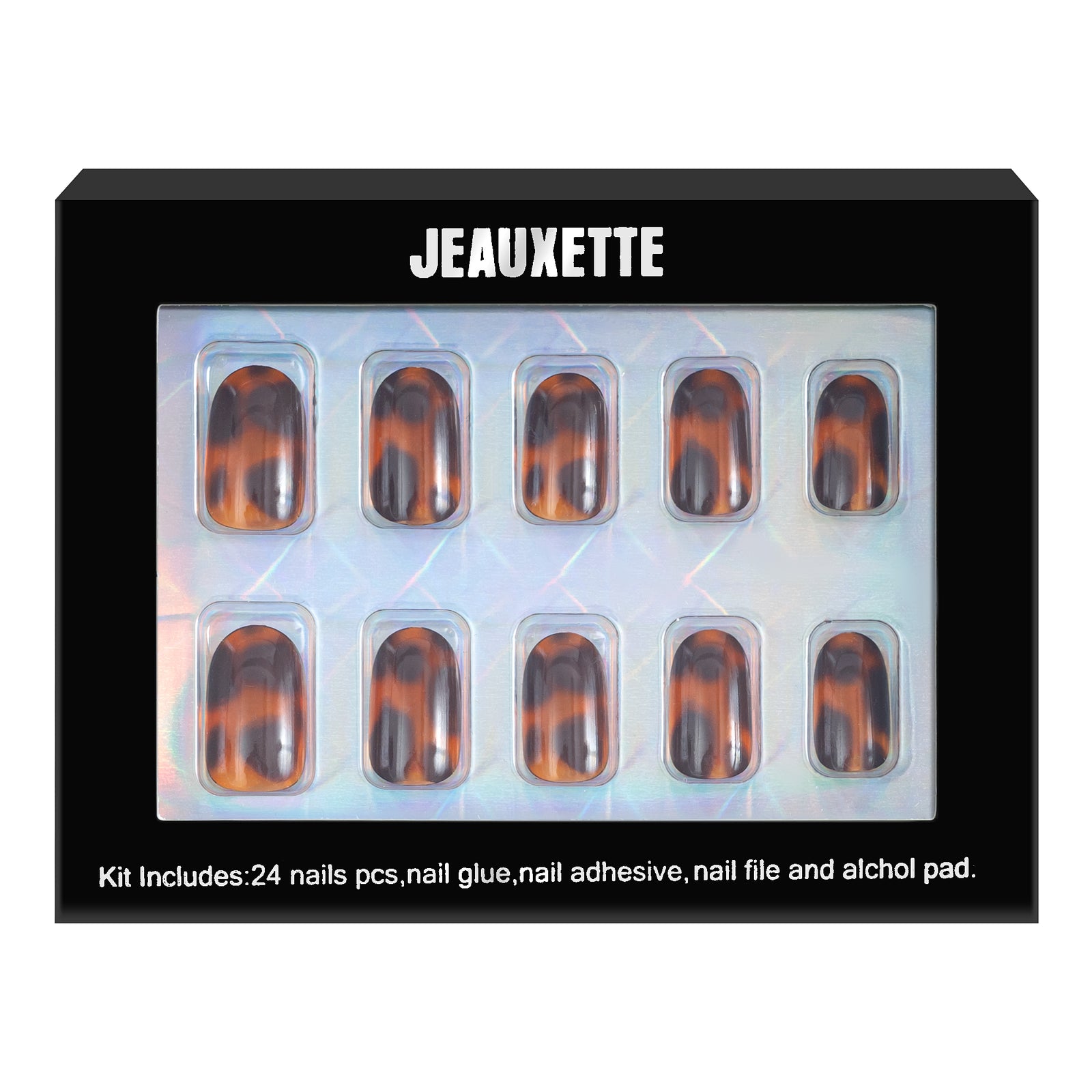 Box of Jeauxette nail art kit with tortoiseshell design on clear background