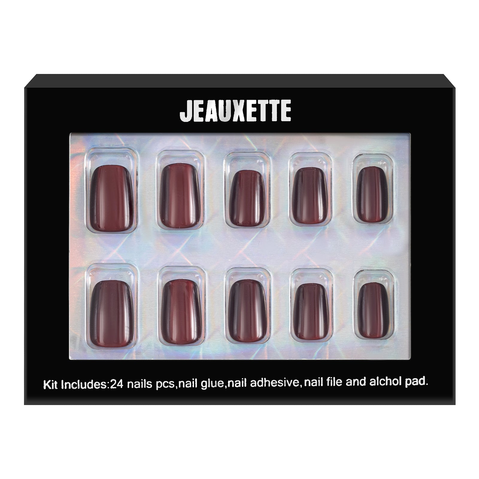 Nail art kit with 24 press-on nails by Jeauxette on a white background