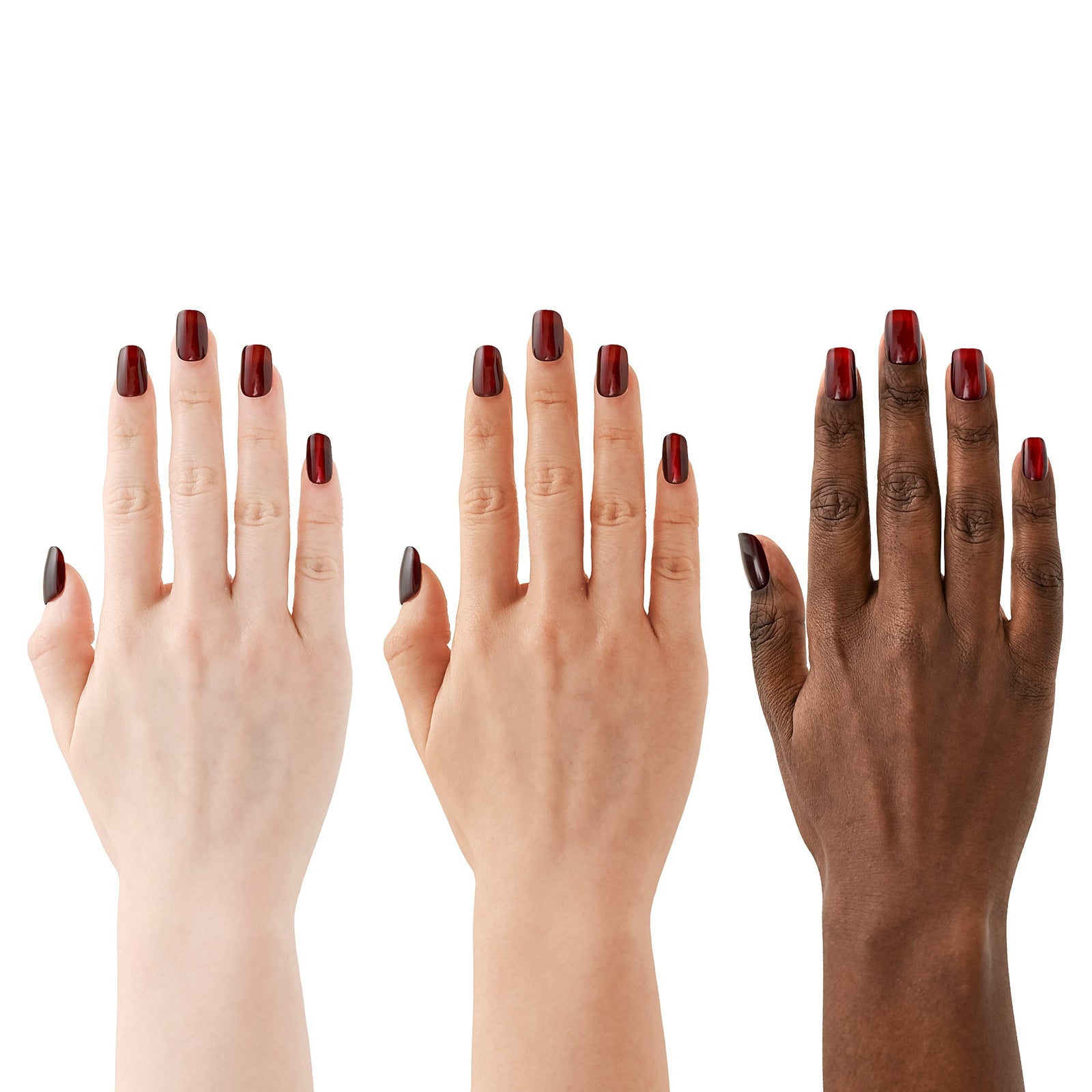 Three hands with dark red nail polish on a white background