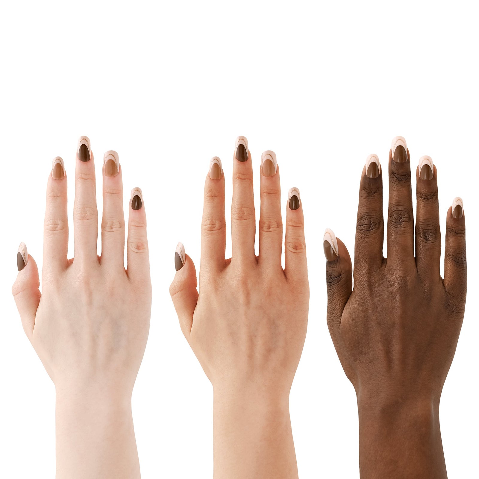 Three hands of different skin tones with painted nails on a white background