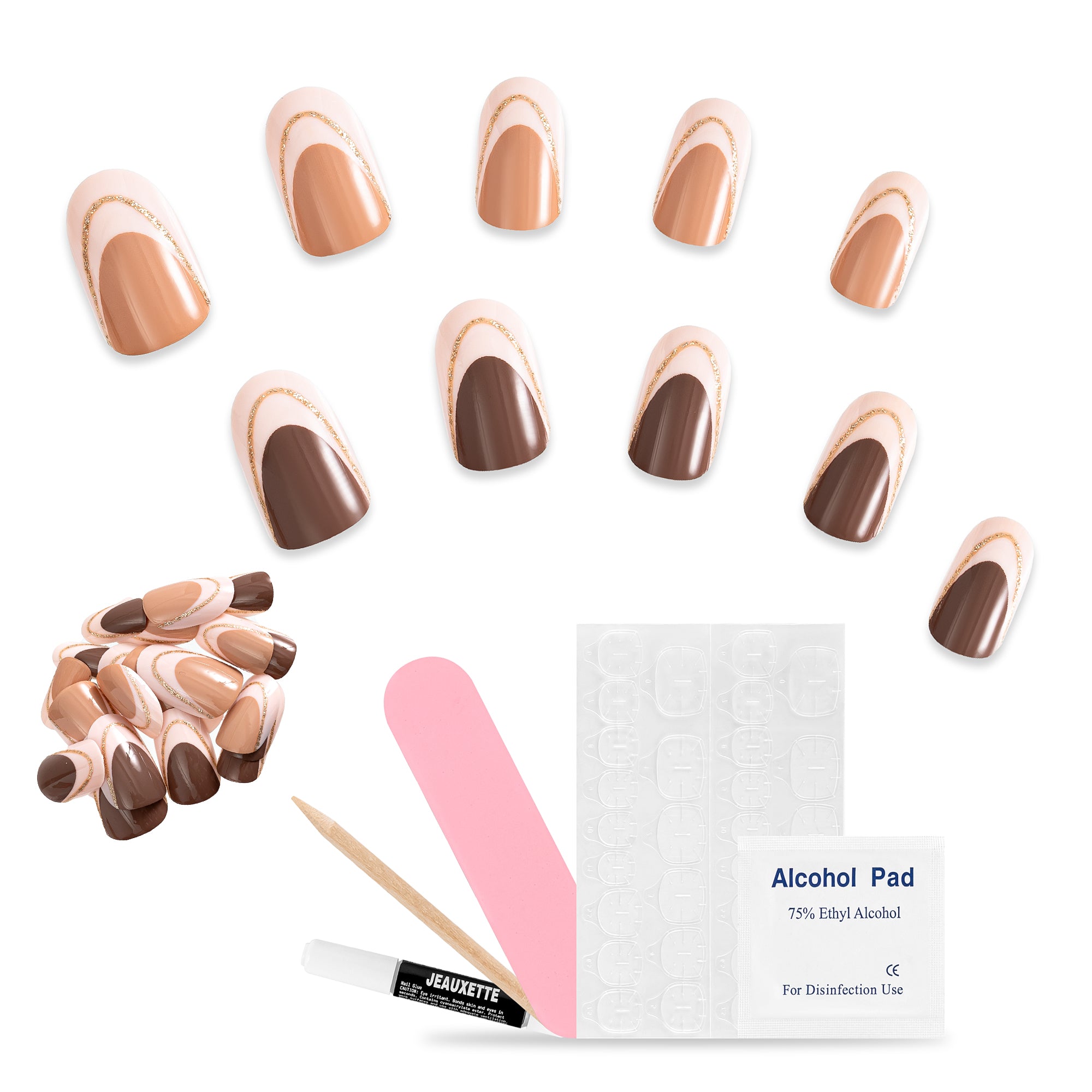 Set of nail art tools including nail extensions, alcohol pad, and swab on a white background