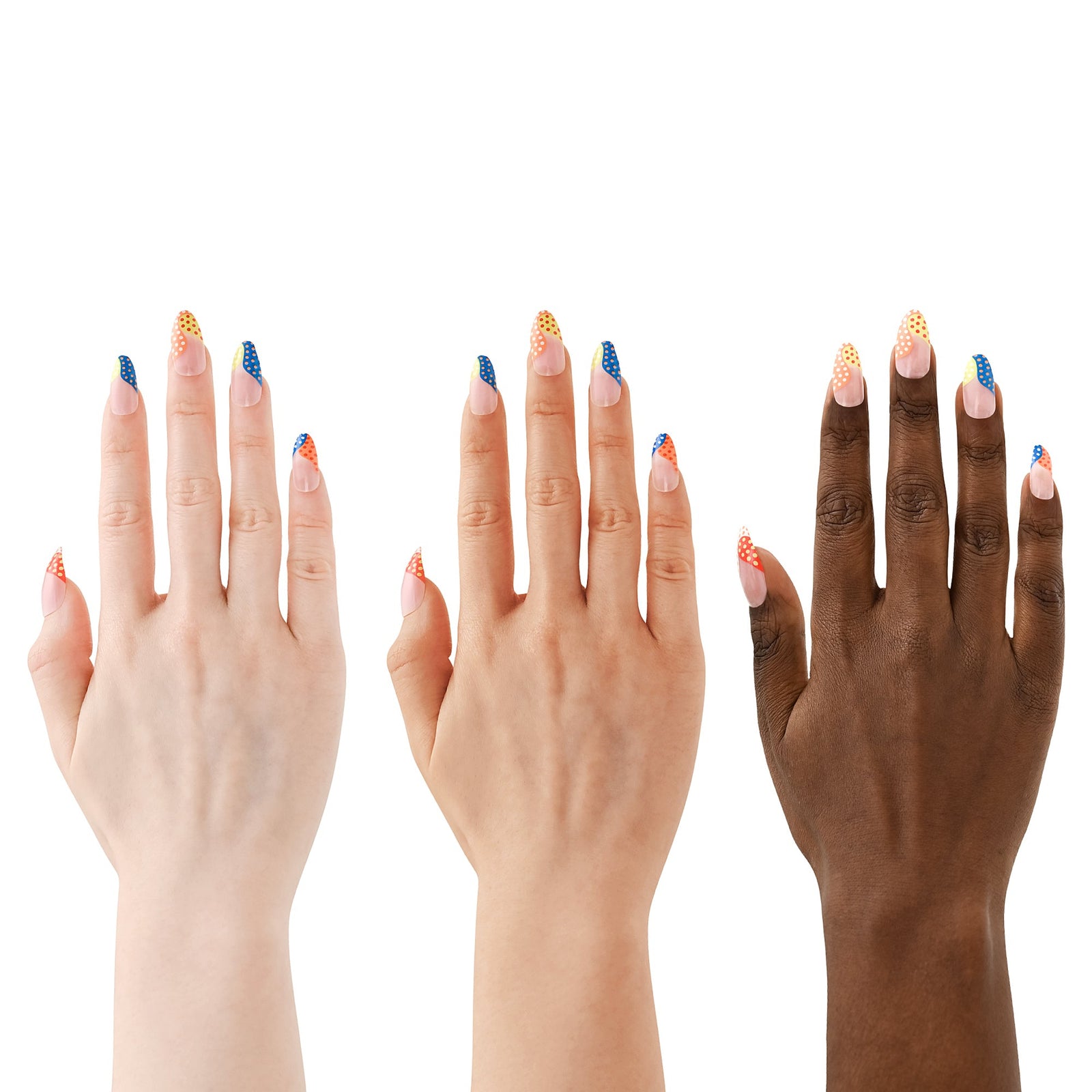 Three hands with multicolored nail polish on a white background