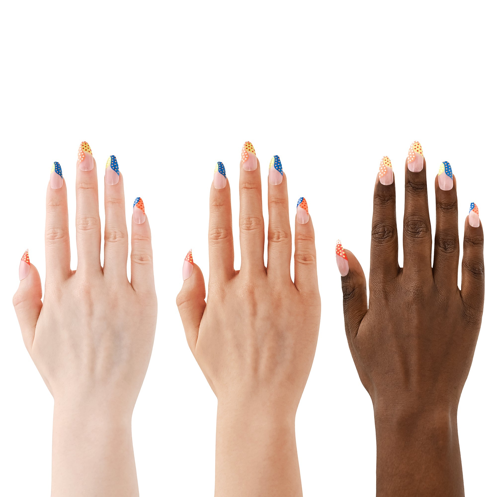 Three hands with multicolored nail polish on a white background