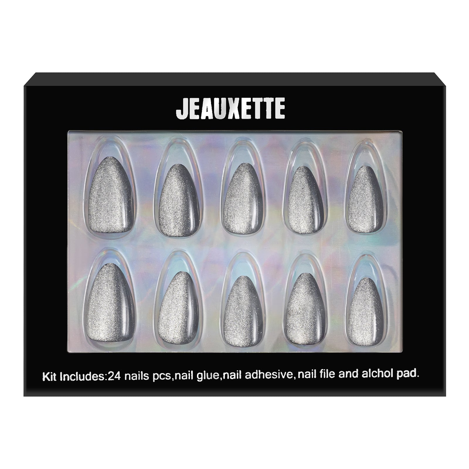 Box of Jeauxette nail art kit with silver nails on a white background
